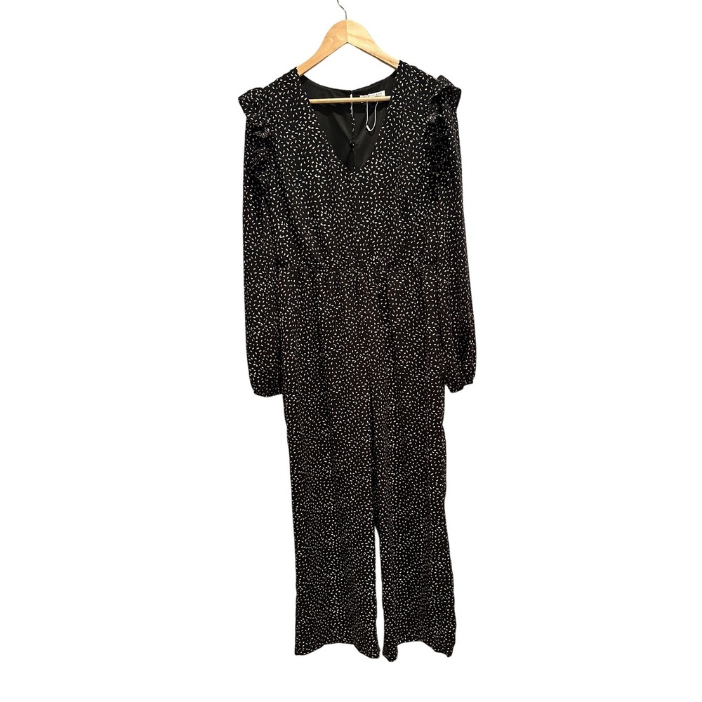 Downeast Womens XL Black Tan Seed Print Ruffle Long Sleeve Wide Leg Jumpsuit